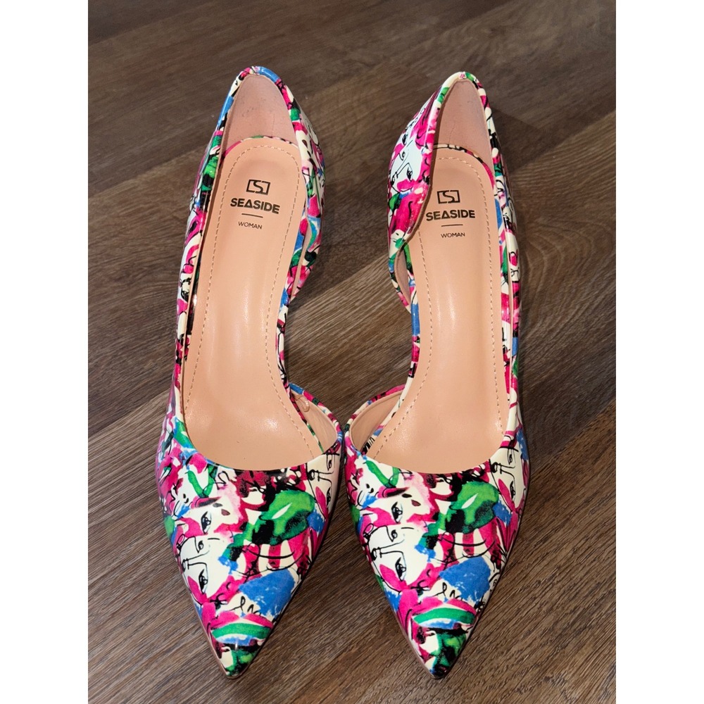 Seaside Woman Pointed Toe‎ Heels Abstract Faces Print Gold Block Heels Size 39